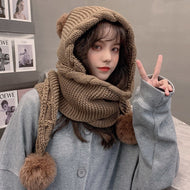 Korean Version Wool Hat Women's Autumn Winter With a Scarf One-piece Hat Cute Wool Bulbous Ear thickening warm knit hat