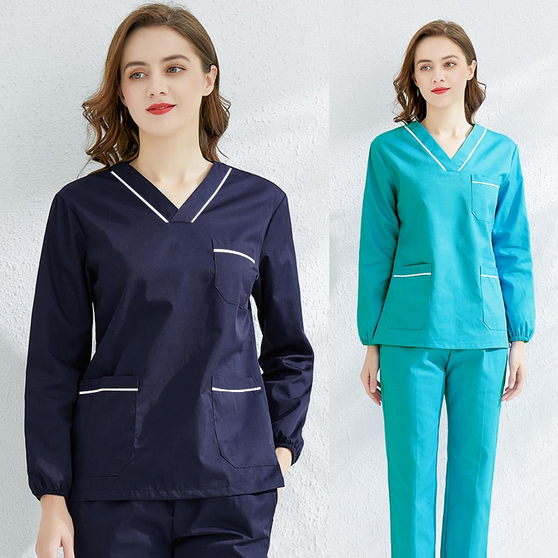 Long Sleeve Scrubs Set for Women Medical Uniforms Cotton Nursing Workw –  Acetel Health Support Store