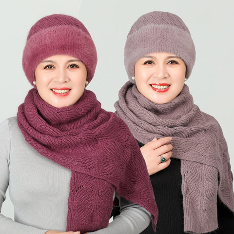 Old Lady Hat Women's Autumn  Winter Scarf Set Thermal Cotton Windproof Knitted Woolen Cap for Middle-Aged Mother Grandma Grandm