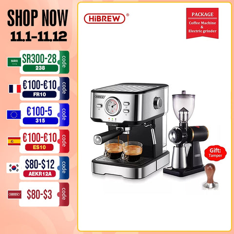 HiBREW Coffee Machine Cafetera 20 Bar Espresso inox Semi Automatic Expresso Cappuccino Hot Water Steam Temperature Display H5