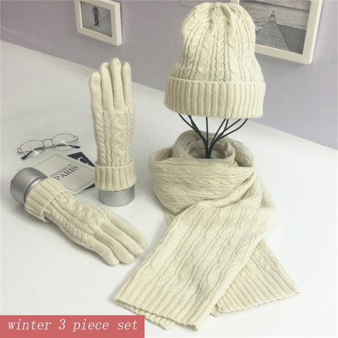 Winter Scarves Women Solid Fashion classic Scarf Hat Gloves set rabbit Unisex Man tricot Scarf accessories for winter Wild 2022