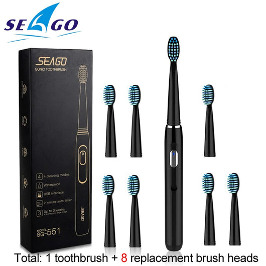 Seago Sonic Rechargeable Electric Toothbrush with 3 Replacement Brush Heads 2 Minutes Timer & 4 Brushing Modes Waterproof SG551