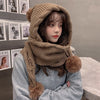 Korean Version  Wool Hat Women's Autumn  Winter With a Scarf One-piece Hat Cute Wool Bulbous Ear thickening warm knit hat